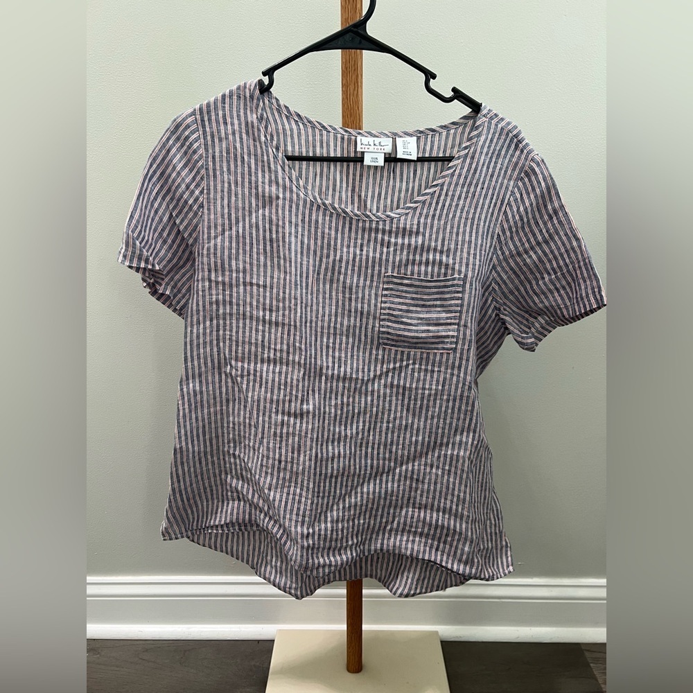 Nicole Miller Blue/Red/White Boxy Short Sleeve Linen Tee